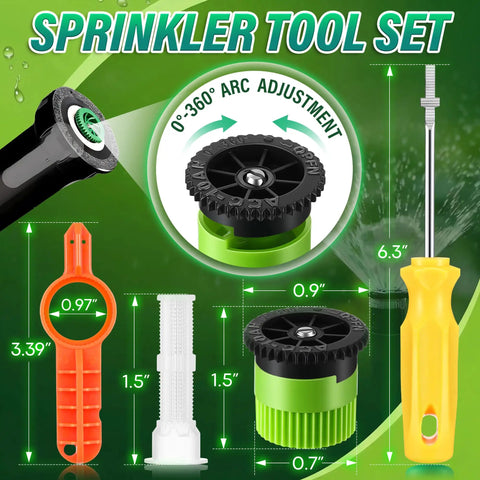 18 Piece Variable Arc Sprinkler Nozzle Kit With Rotor Adjustment Tool And Spare Filters illustrated with adjustable nozzle sizes and tools.