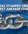 Close-up of G43 stamped high-test three eighths inch marine-grade stainless steel anchor chain with mirror polish.