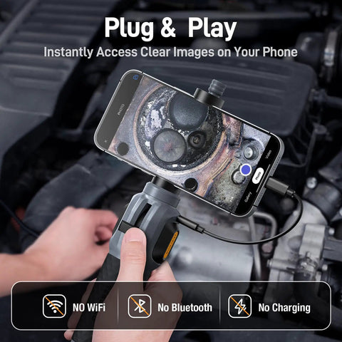 Two-Way Articulating Borescope With Light USB-C Endoscope Inspection Camera showing engine detail on smartphone screen