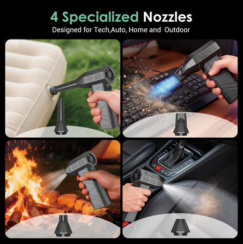 Person using Cordless Air Duster With 110000 RPM Brushless Motor, Rechargeable 3 Gear Keyboard Cleaner on car interior and keyboard.