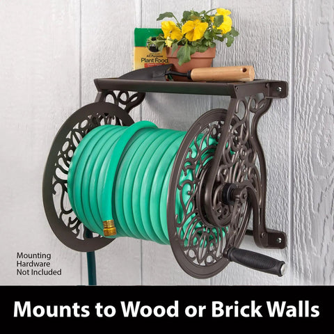 Decorative Cast Aluminum Wall Mount Garden Hose Reel Holds 125 Feet Of Five Eighths Inch Hose Bronze Finish Weather Resistant