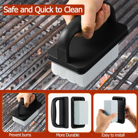 Heavy Duty Griddle Cleaning Brick With Handle 5 Pack Pumice Stone Grill Cleaner demonstrated on grill surface
