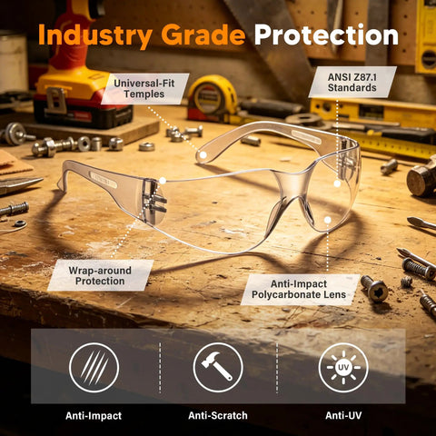 24 Pack Safety Glasses Bulk Haul Featuring Clear Polycarbonate Lenses And Rugged Wraparound Impact Shield on a workshop table.