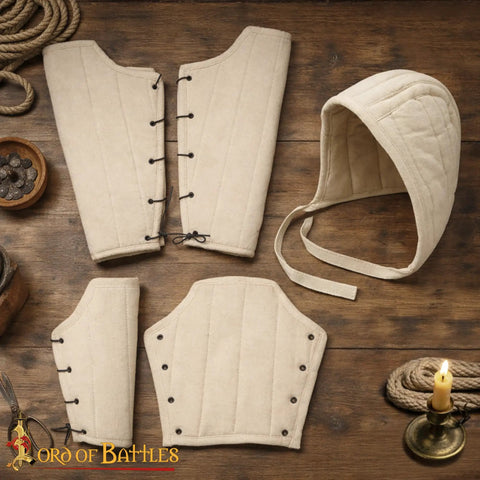 Top view of Arming Cap Bracers And Padded Greaves Set With Fabric Strings Closure For LARP And Ren Faire Cosplay on wood table.