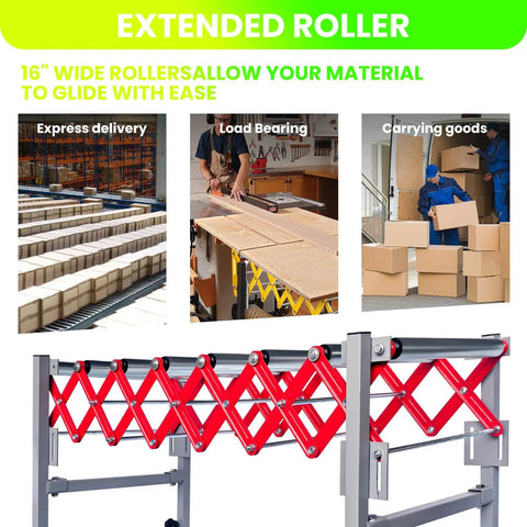 16 Inch Wide Conveyor Roller Stand With Wheels For Infeed And Outfeed Expandable Folding Conveyor Belt With 700 Pound Capacity