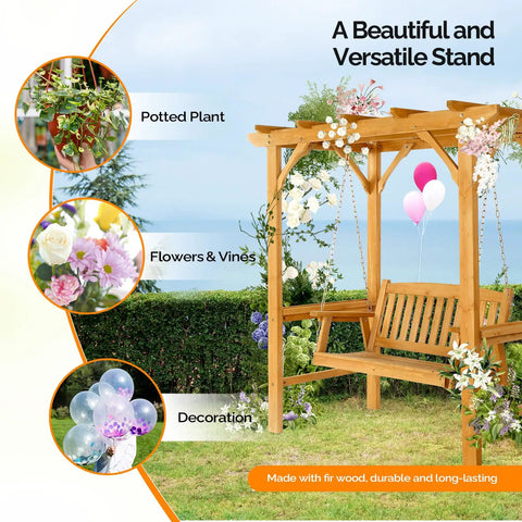 4 Ft Heavy Duty Wooden Porch Swing With Stand For Outdoor Patio And Garden Waterproof Archway Swing Set, flowers and decorations