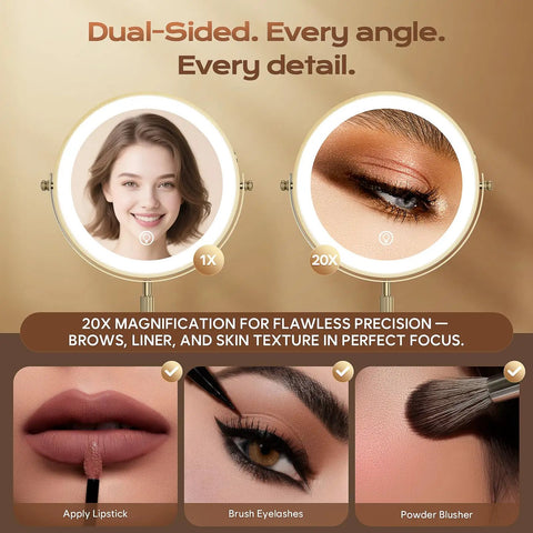 Dual Sided LED Makeup Mirror With 1X/20X Magnification showing makeup application details