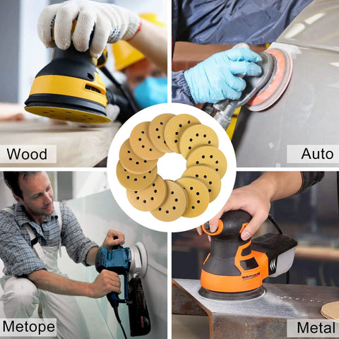 110 Piece 5 Inch 8 Hole Sanding Disc Set With Aluminum Oxide Grits 60 Through 1000 for wood, auto, metope, metal sanding applications.