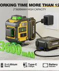 16 Line Laser Level With Self Leveling 360 Degree Green Lasers Dual Horizontal And Vertical Beams Fast Self Leveling Rechargeable Batteries Wall Mount Remote Ideal For Indoor And Outdoor Renovation Jobs shown charging on table with 3600mAh display