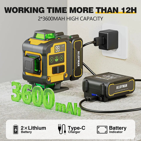 16 Line Laser Level With Self Leveling 360 Degree Green Lasers Dual Horizontal And Vertical Beams Fast Self Leveling Rechargeable Batteries Wall Mount Remote Ideal For Indoor And Outdoor Renovation Jobs shown charging on table with 3600mAh display
