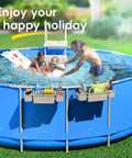 Family enjoying blue pool with Poolside Storage Basket With Two Cup Holders, Stretchable Organizer For Drinks And Pool Supplies