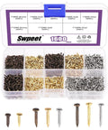 Top Tier 1600 Piece Mini Wood Screw And Nailing Assortment Kit With Premium Gold Silver Bronze Coatings In 6Mm 8Mm And 10Mm Lengths, assorted screws in organizer.