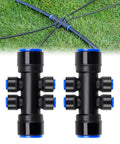 Two Pack Six Way Connector For Drip Irrigation Fittings One Quarter Inch Distribution Tubing And Fifteen Millimeter Main Hose Interfaces Quick Connect Kit, showing dual black connectors with blue accents on grass
