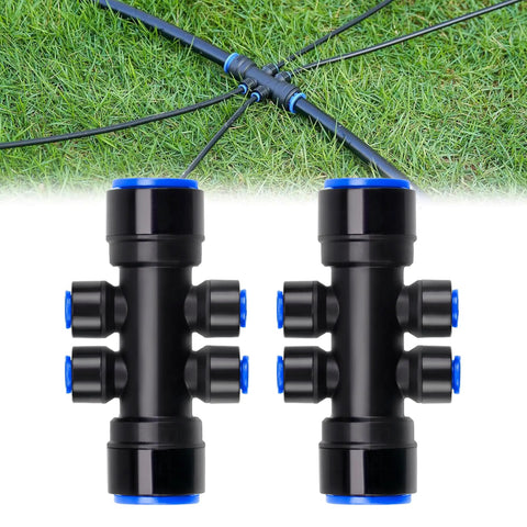 Two Pack Six Way Connector For Drip Irrigation Fittings One Quarter Inch Distribution Tubing And Fifteen Millimeter Main Hose Interfaces Quick Connect Kit, showing dual black connectors with blue accents on grass
