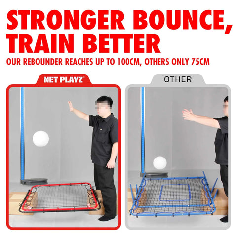 Comparison of two rebounder nets for soccer and football, highlighting the difference in bounce heights and frame quality.