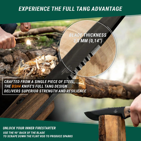 Full Tang Bushcraft Knife 9.8 Inch With Fire Starter And Leather Sheath showing blade thickness and fire-starting use