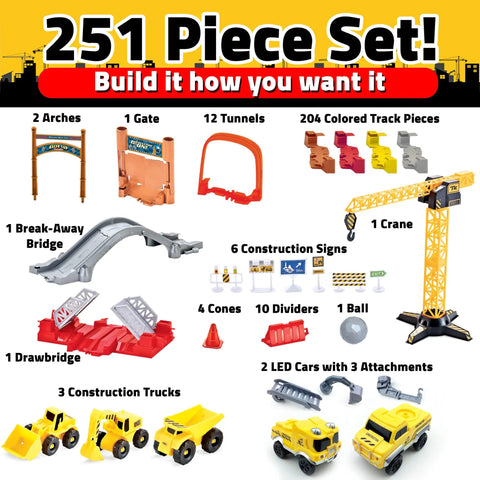 Snap Trax Construction Race Track Set For Kids With 2 LED Light Up Cars 251 Piece STEM Building Toys components display