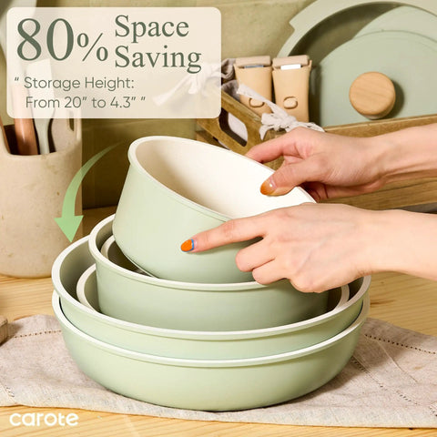 Stacked bowls from Detachable Handle Nonstick Cookware Set 19 Piece Induction Compatible Pots And Pans Oven Safe in Sage Green