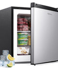 Compact Upright Freezer Delivering 1.1 Cu Ft Of Legit Cold Storage with frozen meat and cheese visible.