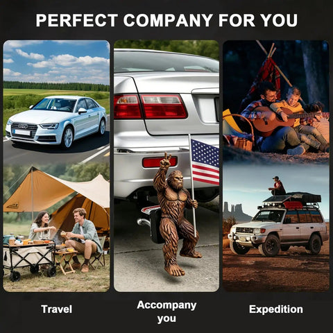 Bigfoot Patriotic Hitch Cover For 2 Inch Receivers featuring American flag in rear hitch, outdoor adventure theme