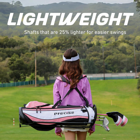 Slick Design Kid Approved Golf Club Set Right Hand Ages 6 To 8 Fully Loaded With Driver Hybrid Irons Stand Bag And Covers In Bright Red, girl carrying lightweight golf bag on green.