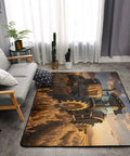 Living room with Soft Non Slip Farm Tractor Harvest Area Rug 63x48 Inches Machine Washable Low Pile Indoor Carpet displayed on floor.