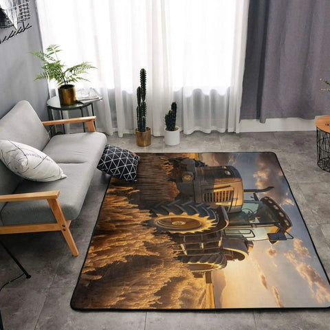 Living room with Soft Non Slip Farm Tractor Harvest Area Rug 63x48 Inches Machine Washable Low Pile Indoor Carpet displayed on floor.