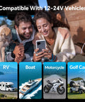 Happy couple with a dog using smartphone, showcasing Heavy Duty Dual Port 12V Car Charger With Rugged Aluminum Housing Waterproof Splash Lid 48W Quick Charge For RVs Boats And Daily Drivers.