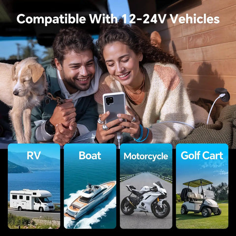 Happy couple with a dog using smartphone, showcasing Heavy Duty Dual Port 12V Car Charger With Rugged Aluminum Housing Waterproof Splash Lid 48W Quick Charge For RVs Boats And Daily Drivers.