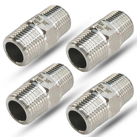 Three Eighths Inch NPT Male Hex Nipple Fittings Set, 304 Stainless Steel Pipe Adapters Equal Nipples Connectors, 4 Pack