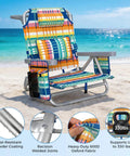 All Day Comfort 5 Position Backpack Beach Chair With Lumbar Support And Ergonomic Backrest displayed on a beach
