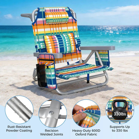 All Day Comfort 5 Position Backpack Beach Chair With Lumbar Support And Ergonomic Backrest displayed on a beach