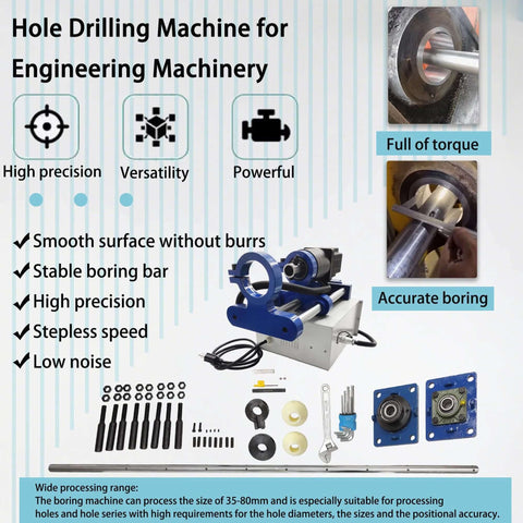 Portable precision boring machine with blue frame and 160 cm boring bar, plus accessories