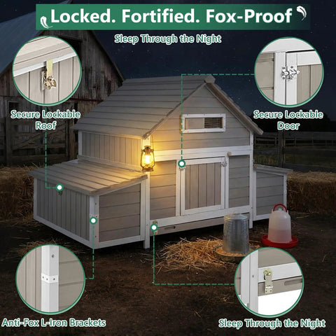 Spacious Wooden Chicken Coop with Six Nesting Boxes and Pull Out Tray for Four to Six Chickens, weatherproof design at night