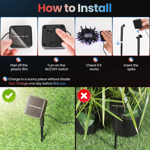 Installation steps for Solar Red White And Blue String Lights Outdoor Weatherproof For 4th Of July And Memorial Day Decor