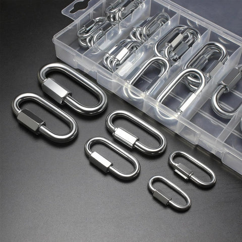 34-Piece Quick Link Kit With 6 Sizes In Carbon Steel Chain Connectors for DIY projects shown with organized case