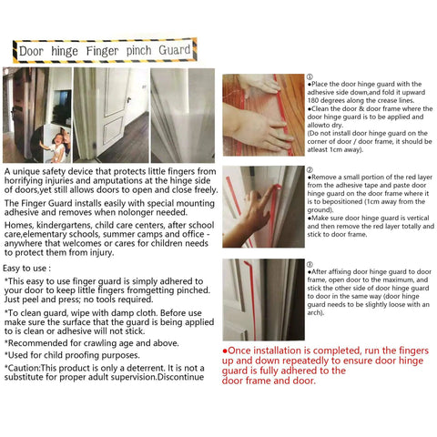 Totally Pinch Proof Door Guard And Protector Set For Kids Smart Rubber Hinge Stopper showing installation steps on a door.