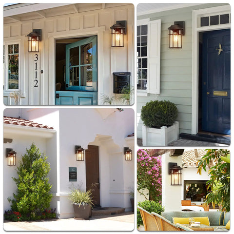 Collage of modern outdoor wall light with seeded glass shade beside various house doorways