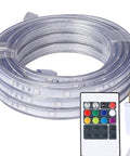 Coiled 33ft flat flexible LED rope lights with remote control, color changing RGB strip, plug, and remote visible.