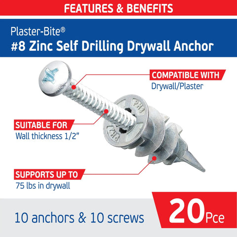 Heavy Duty Self Drilling Drywall Anchors And Zinc Anchor Kits With Carbon Steel Screws No Sweat Setup Hella Tough Hold For Hollow Walls And Plasterboard 75 Lbs Capacity Drywall Repair Kit Set showing #8 Zinc Self Drilling Anchor with screw.
