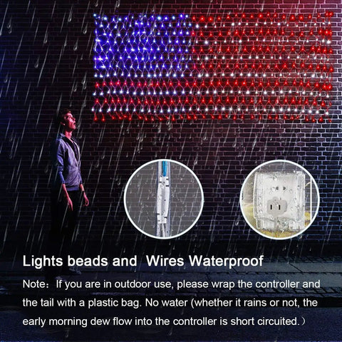 Patriotic Flag Net Light With 420 Super Bright LEDs Waterproof IP45 Outdoor String Lights on brick wall in rain