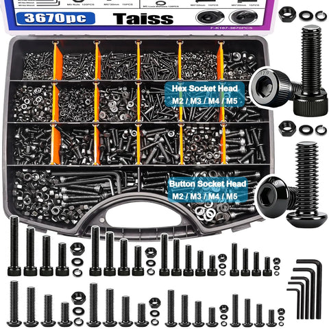 Kick Ass 3670 Pieces Metric Bolt Assortment Kit Featuring Tough As Nails Grade 12.9 Steel Socket Head Screws plus flat and lock washers in toolbox.