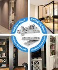 2 Piece Stainless Steel Hidden Door Hinge Pivot for Secret Room, shown with various door installations in a home.