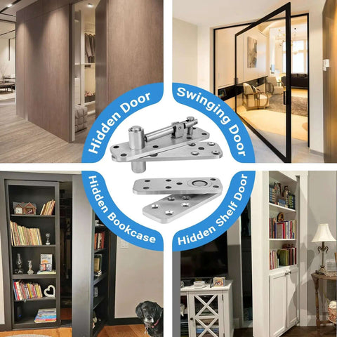 2 Piece Stainless Steel Hidden Door Hinge Pivot for Secret Room, shown with various door installations in a home.
