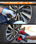 Using Impact Socket Set 1/2 Inch Drive, 65-Piece Kit with deep and shallow sockets on car wheel, includes extensions and adapter