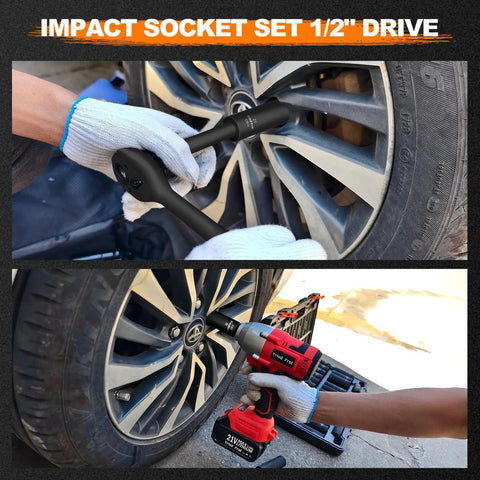 Using Impact Socket Set 1/2 Inch Drive, 65-Piece Kit with deep and shallow sockets on car wheel, includes extensions and adapter
