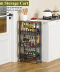 4 Tier Slim Rolling Storage Cart With Wood Top for Narrow Spaces, shown between kitchen counter and door, holding bottles