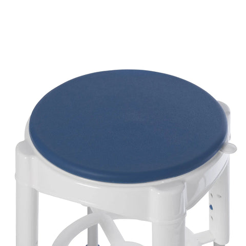 Bath Stool With Padded Rotating Seat And Blue Cushion, 360 Degree Swivel visible from above, featuring a removable seat top.