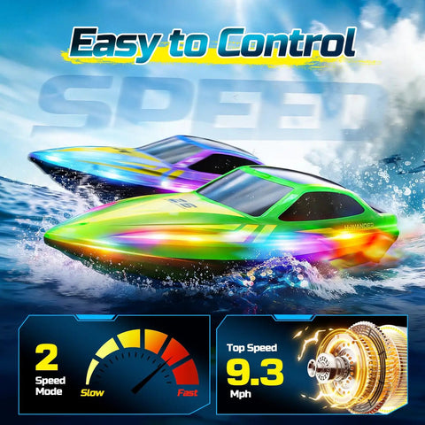 Totally Fun 2.4GHz RC Boat For Kids And Adults, Speeds Up To 9.3 MPH, colorful boats with LED lights racing in water.