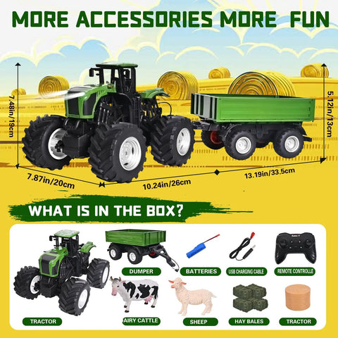 Remote Control Tractor Toy With RC Trailer 23.6 Inch 1/16 Scale Monster Truck for Farm Adventures set with accessories and farm animals